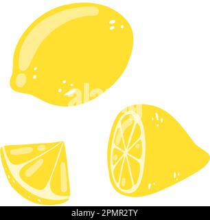 Ein Set handgezeichneter Zitronen. Vektordarstellung von ganzer, halber, in Scheiben geschnittener leckerer Zitrusfrüchte, gesundes Essen, frisches Sommerobst Stock Vektor