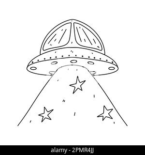 UFO im handgezeichneten Doodle-Stil. Vektordarstellung auf weiß isoliert. Ausmalseite. Stock Vektor