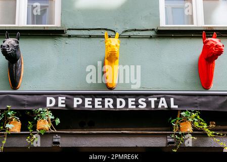 Die Köpfe der farbigen Pferde an der Fassade des Restaurants De Peerdestal. Antwerpen, Flämische Region, Belgien, Europa Stockfoto