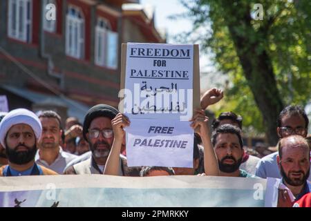 Ein kaschmirischer muslimischer Junge hält während einer Kundgebung anlässlich des Al-Quds Day (Jerusalem-Tag) in Srinagar ein Plakat. (Al-Qud) ist der arabische Name für Jerusalem, ein jährliches pro-palästinensisches Ereignis, das am letzten Freitag des heiligen islamischen Fastenmonats Ramadan stattfindet, um die Unterstützung der Palästinenser zum Ausdruck zu bringen und Israel und dem Zionismus entgegenzutreten. Der Quds-Tag findet auch in mehreren anderen Ländern statt, sowohl von muslimischen als auch nicht-muslimischen Gemeinschaften auf der ganzen Welt, mit Protesten gegen die israelische Besetzung von Ost-Jerusalem. (Foto: Faisal Bashir/SOPA Images/Sipa USA) Stockfoto