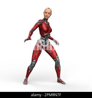 Futuristischer weiblicher Cyborg mit rotem metallischem Körper. 3D-Abbildung isoliert auf weißem Hintergrund. Stockfoto