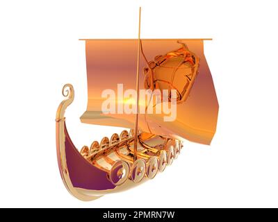 3D Abbildung eines goldenen wikingerschiffs isoliert auf Weiß Stockfoto