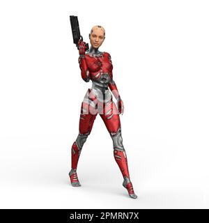 Futuristische künstliche Frau mit rotem Metallkörper, die eine Waffe in der rechten Hand hält. 3D-Abbildung isoliert auf weißem Hintergrund. Stockfoto