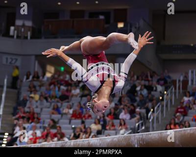 Fort Worth, Texas, USA. 13. April 2023. Im Halbfinale II der NCAA National Collegiate Women's Gymnastics Championships 2023 in der Dickies Arena in Fort Worth, TX. Kyle Okita/CSM/Alamy Live News Stockfoto