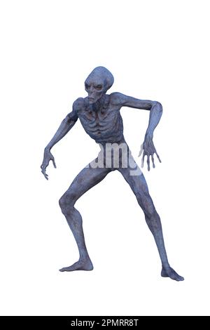 Blaugrauer, gehäuteter Alien mit gebeugten Beinen und Armen. 3D-Rendering isoliert auf weißem Hintergrund. Stockfoto