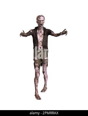 Ein Zombie-Mann, der auf den Zuschauer zugeht, mit ausgestreckten Armen und zerrissener Kleidung. 3D-Abbildung isoliert auf weißem Hintergrund. Stockfoto