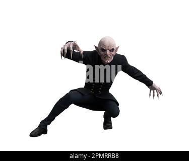 Vampiruntote Kreatur, die sich in einer gruseligen Pose hockt. 3D-Abbildung isoliert auf weißem Hintergrund. Stockfoto