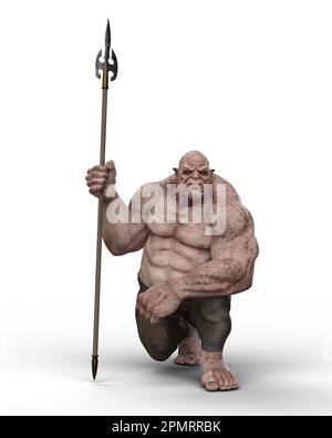 Ein riesiges Oger-Fantasie-Wesen kniet mit einem Speer in der rechten Hand. 3D-Abbildung isoliert auf weißem Hintergrund. Stockfoto