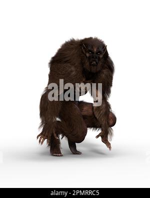 Werwolf in der Hocke. 3D-Abbildung isoliert auf weißem Hintergrund. Stockfoto