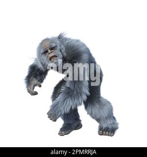 Yeti rennt zur Seite. 3D-Rendern isoliert auf weißem Hintergrund. Stockfoto