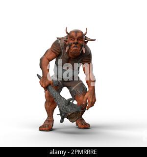 3D-Darstellung eines Fantasy-Trolls mit einer großen, aus Holz gefertigten Schlägerwaffe auf weißem Hintergrund. Stockfoto