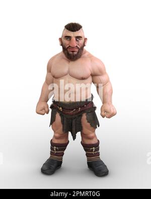 3D Darstellung eines Fantasiezwerges oder babarianischen Charakters mit einem muskulären Körper, der isoliert auf weißem Hintergrund steht. Stockfoto