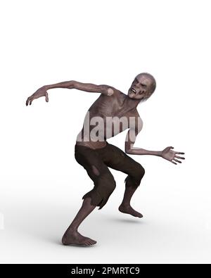 3D Abbildung einer untoten Zombie-Kreatur, isoliert auf weißem Hintergrund. Stockfoto