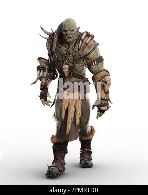 Die Figur des Fantasy-Kriegers Orc trägt ein barbarisches Kostüm in einer wandelnden Pose. 3D-Rendering auf Weiß isoliert. Stockfoto