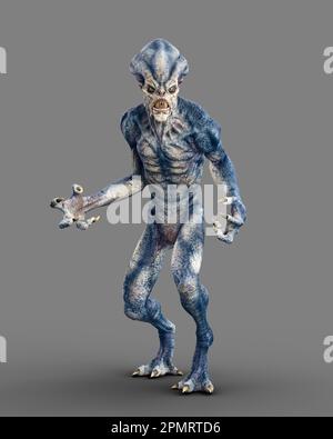 Blaugraue gehäutete Alien-Monster mit scharfen Zähnen in bedrohlicher Pose. 3D-Rendering isoliert auf Grau. Stockfoto