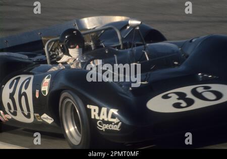 Dan Gurney fährt einen Group 7 Lola T70, Canadian-American Challenge Cup, 1967. Stockfoto