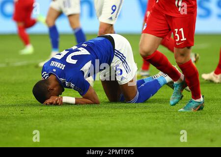 Moritz JENZ (FC Schalke 04) GER, FC Schalke 04 vs. Hertha BSC, Fussball, 1. Bundesliga, 28. SPIELTAG, SPIELZEIT 2022/2023, 14.04.2023 DFL-VORSCHRIFTEN VERBIETEN DIE VERWENDUNG VON FOTOS ALS BILDSEQUENZEN UND/ODER QUASI-VIDEO. Kredit: Ant Palmer/Alamy Live News Stockfoto