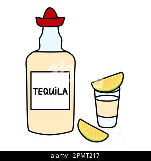 Alkoholgetränk Tequila, gelbe Flasche mexikanischen Kaktusgetränks mit rotem Hut, Glas mit Limette und Salz, Kritzelstil Vektordarstellung Stock Vektor