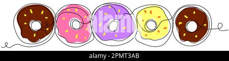 Mehrfarbige Donuts in einer Linie auf weißem Hintergrund. Stock Vektor
