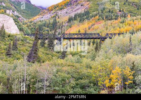 Herbstliche Eisenbahnbrücke durch den in den Bergen gelegenen Denali-Nationalpark, Alaska Stockfoto