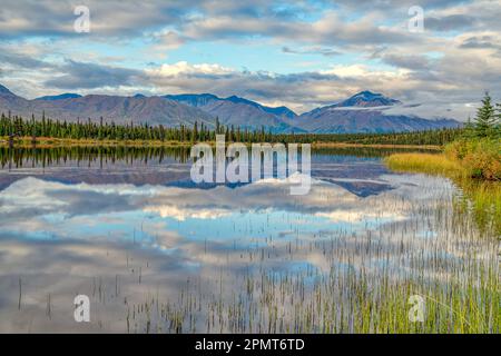 Morgendliche Bergreflexion auf einem See entlang des Denali Highway in Alaska Stockfoto