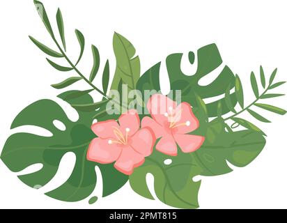 Tropische Blätter und Blumen, Zusammensetzung. Grüne Palmenblätter und rosa Blumen. Zartes Sommerdesign Stock Vektor