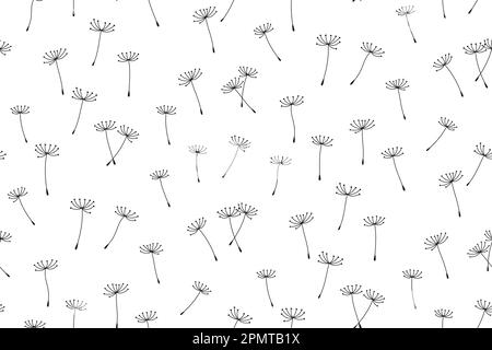 Löwenzahn fliegende nahtlose Musterstruktur. Abstrakte Blumen Löwenzahn Blüten Pflanzen wiederholen Tapeten. Botany Blumendesign Vorlage Hintergrundschmuck, grenzenlose Sammelalbum-Vektorschmuck Stock Vektor