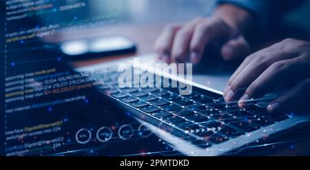 Digitale Technologie, Programmierer und Cybersicherheit kodieren, Softwareentwicklung, javascript auf virtuellem Bildschirm, IoT für das Internet der Dinge. Stockfoto