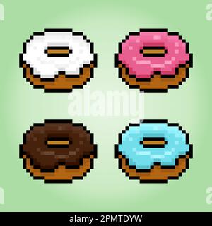 Bild: Pixel-Donuts-Set. Darstellung von Lebensmitteln in Vektoren, Muster für Kreuzheftung. Stock Vektor