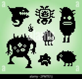 Kritzeleien 8-Bit-Pixel-Monster, Illustration eines Pixel-Art-Vektors. Süßes Geschöpf-Doodle-Set. Stock Vektor