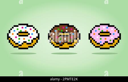 Bild: Pixel-Donuts-Set. Darstellung von Lebensmitteln in Vektoren, Muster für Kreuzheftung. Stock Vektor