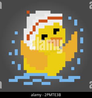 8-Bit-Entenpixel schwimmen. Tierspielelemente in Vektorbildern. Stock Vektor