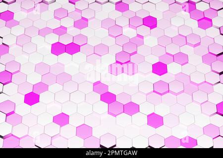 Abstraktes technologisches 3D-Rendering mit violettem sechseckigem Hintergrund. Hintergrundtextur der Wand. Wand mit strukturierten Sechsecken. Wabendesign im Hintergrund Stockfoto
