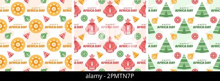 Set aus nahtlosem Muster zum „Happy Africa Day“ mit afrikanischen Stammesfiguren, Dekoration in einer Vorlage, handgezeichnet, flache Cartoon-Illustration Stock Vektor