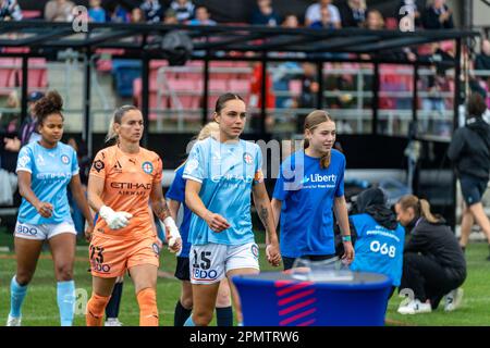 15. April 2023. Casey Fields, Victoria, Australien. Die Spieler von Melbourne Victory und Melbourne City begeben sich vor Spielbeginn auf das Spielfeld. Kredit: James Forrester/Alamy Live News Stockfoto