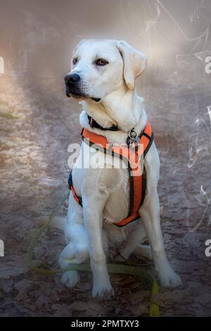 Nahaufnahme eines weißen labrador-Hundes, der im Wald sitzt Stockfoto