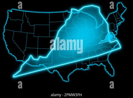 virginia MAP blau leuchtend futuristisch mit schwarzem Hintergrund des vereinigten Staates von amerika Stockfoto