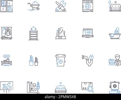 Symbolsammlung der persönlichen Gliederung. Haus, Wohnraum, Wohnung, Wohnsitz, Domäne, Unterschlupf, Haven-Vektor- und Illustrationskonzept-Set. Nest, Den, heimelig linear Stock Vektor