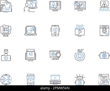 Symbolsammlung für Multimedia-Gliederung. Audio, Video, Grafik, Animation, Bild, Konzeptsatz für Text, Interaktionsvektor und Illustration. Kommunikation Stock Vektor