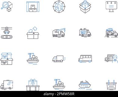 Symbolsammlung der Supply Chain Outline. Logistik, Management, Optimierung, Versorgung, Kette, Konzeptsatz für Verteilung, Verfolgungsvektor und Illustration Stock Vektor