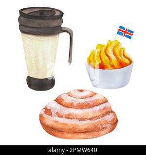 Handgezeichnete Aquarellobjekte: Eine Tasse, ein Eis und ein Brötchen mit Glasur. Ein Teil der großen ISLÄNDISCHEN Illustrationen Stockfoto
