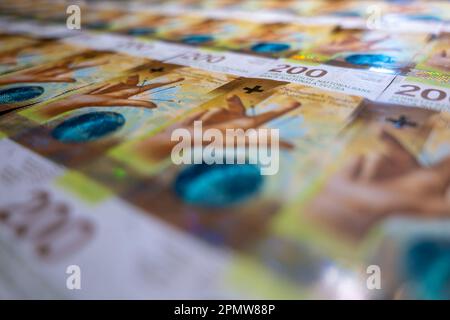 Schweizer Franken von 200 (zweihundert) Banknoten in der Schweiz. Stockfoto
