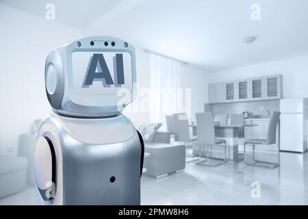 Roboter mit KI-Symbol auf dem Hintergrund der Wohnung. Das Konzept der künstlichen Intelligenz. Hochwertiges Foto Stockfoto