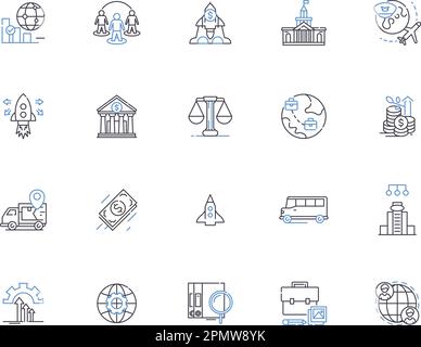 Ikonensammlung für Regierungssymbole. Autorität, Gesetzgebung, Bürokratie, Demokratie, Verordnung, Regel-, Sicherheitsvektor- und Illustrationskonzept Stock Vektor