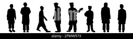 Moslem Arab Asia Different Poses Men Silhouettes Set. Jungs, Jugendliche und alte Männer, die ein traditionelles Shalwar-Kameez-Kleid tragen. Inklusivität und Vielfalt de Stock Vektor