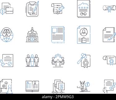 Internationales Recht umreißt Icons Sammlung. Völkerrecht, Recht, Verträge, Souveränität, Staatsangehörigkeit, Zuständigkeit, Grenzvektor und Illustration Stock Vektor