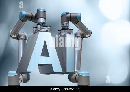 Roboter bauen das KI-Symbol für künstliche Intelligenz zusammen. Stockfoto