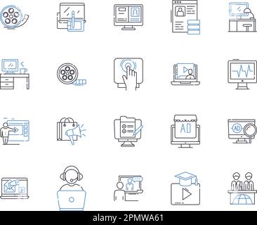 Medientechnologien sind eine Übersicht über die Symbolsammlung. Multimedia, Rundfunk, Streaming, Video, Audio, Grafik, Webcast-Vektor und Illustrationskonzept Stock Vektor