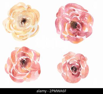 Zartes Aquarell Blumenset, handgezeichnete Blumenmotive, rosafarbene Blumenelemente, Hochzeitseinladungen, Babydusche, Logo-Design Stockfoto