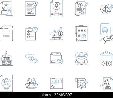 Die Rechtsabteilung umreißt die Symbolsammlung. Rechtsanwalt, Rechtsanwalt, Barrister, Rechtsstreit, Gericht, Anwälte, Darstellungsvektor und Illustrationskonzept Stock Vektor